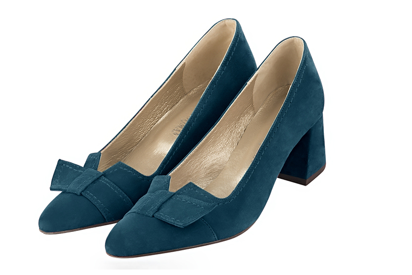 Peacock blue women's dress pumps, with a knot on the front. Tapered toe. Medium flare heels. Front view - Florence KOOIJMAN